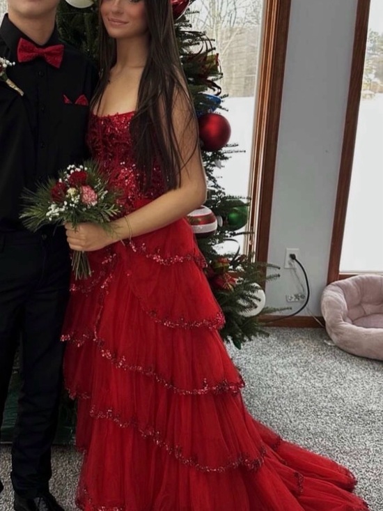 gia bridal Dresses & Skirts - Glamorous Red Tiered Tulle Prom Gown with Sequin Bodice